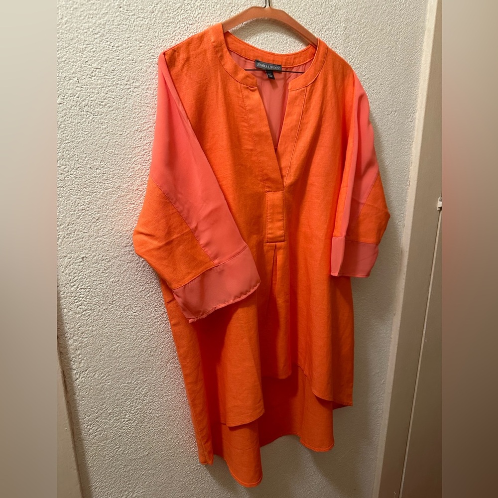 Jessica London Tunic Women Orange Linen Blend High Low Hem 3/4 sleeves Size 12W